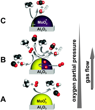 Mechanistic picture of the ODH of ethane over a MoO3 catalyst: The conversion to ethylene occurs exclusively in the presence of gas phase oxygen (A and B). Further oxidation of only ethylene, and not ethane or CO, using lattice oxygen (labeled with *) to CO2 is associated with the reduction of the catalyst to MoO2 (B and C).