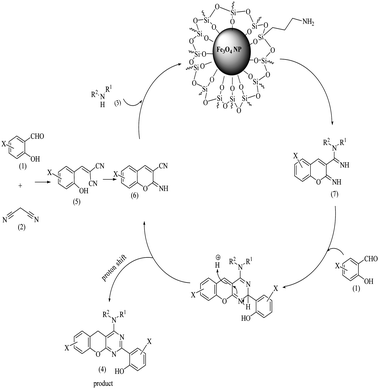 The proposed mechanism for APTES-MNPs as a selected basic nanocatalyst for the preparation of chromeno[2,3-d]pyrimidine derivatives.