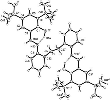 View of molecule [C6H4NCH(2,4-t-Bu2C6H2OH)]2(μ-CH2CH2), L5, indicating the atom numbering scheme. Thermal ellipsoids are drawn at the 50% probability level. Selected bond lengths (Å) and angles (°): O(1)–C(1) 1.357(2), O(1)–H(1o) 1.00(3), C(1)–C(2) 1.412(3), C(20)–N(20) 1.283(2), N(20)–C(21) 1.423(2), C(1)–O(1)–H(1o) 105.8(16), O(1)–C(1)–C(6) 119.80(18), C(6)–C(1)–C(2) 120.78(18), N(20)–C(20)–C(2) 122.17(19).