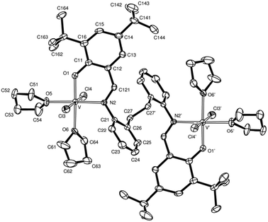 View of molecule {[C6H4NCH(2,4-t-Bu2C6H2O)]VCl2(THF)2}2(μ-CH2CH2) 5 indicating the atom numbering scheme. Hydrogen atoms and the minor disorder component (in one of the THF ligands) have been omitted for clarity. Thermal ellipsoids are drawn at the 50% probability level. Selected bond lengths (Å) and angles (°): V–O(1) 1.870(2), V–N(2) 2.087(2), V–Cl(3) 2.3546(9), V–Cl(4) 2.3581(9), V–O(5) 2.107, V–O(6) 2.117(2), O(1)–V–N(2) 89.56(9), O(1)–V–O(5) 92.12(9), O(1)–V–O(6) 177.31(9), N(2)–V–O(5) 177.87(9), N(2)–V–O(6) 92.60(9), Cl(3)–V–Cl(4) 176.20(4).