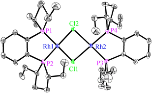 Molecular structure of [Rh2((R,R)-Et-DuPHOS)2(μ2-Cl)2]; ORTEP, 30% probability ellipsoids. Hydrogen atoms are omitted for clarity. Selected distances [Å] and angles [°]: Rh–Rh 3.308 (1), Rh–P 2.158–2.161 (1), Rh–Cl 2.409–2.435 (1), P–Rh–P 85.4–86.2 (1), Cl–Rh–Cl 83.7–84.7 (1).