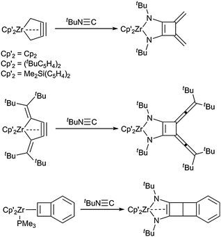 Isocyanide insertions into 1-zirconacyclopent-3-ynes yield diazazirconacyclopentenes.