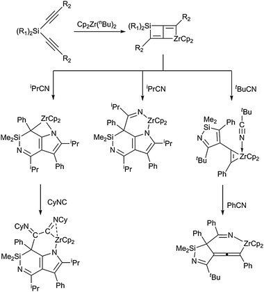 Selected examples for larger azazirconacycles generated from zirconocene–Si-tethered diyne and organic nitriles and isocyanides.