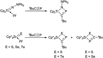 Formation of four-membered heterometallacycles by cycloaddition reactions with tBuCP (py = pyridine).