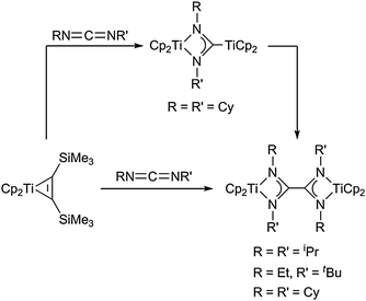 Formation of four-membered dinuclear titanocene amidinate complexes.