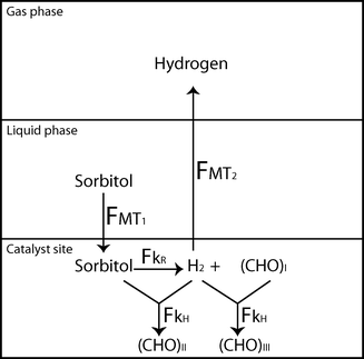 Schematic representation of the mass transfer and reaction steps towards the formation of hydrogen from sorbitol. FMT1 is the mass transfer rate of sorbitol from the liquid to the catalyst site, FkR is the reforming reaction rate, FkH is the hydrogenation reaction rate, and FMT2 is the mass transfer rate of hydrogen from the catalyst site to the gas phase. (CHO)I, (CHO)II and (CHO)III are intermediate polyhydroxy species.