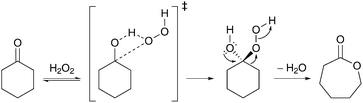 Baeyer–Villiger oxidation of cyclohexanone with H2O2.
