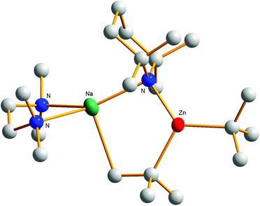Molecular structure of [(TMEDA)·Na(TMP)(But)Zn(But)].