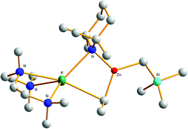 Molecular structure of the vinyl captured bimetallic complex [(PMDETA)K(TMP)(CHCH2)Zn(Me3SiCH2)].
