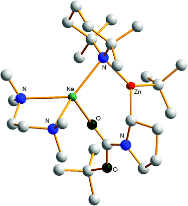 Molecular structure of the sodium zincate complex [(TMEDA)Na(TMP)(α-C4H7NBoc)Zn(But)] with a captured α-anion of N-Boc pyrrolidine.