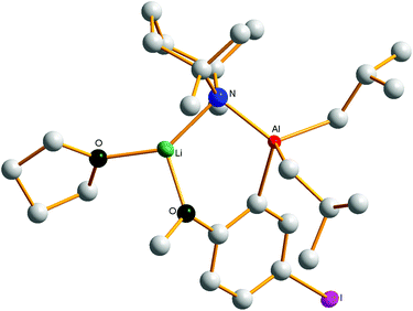 Molecular structure of the ortho-aluminated 4-iodo-anisole complex [(THF)Li(μ-TMP)(μ-{1-OMe-2-Al(Bui)2-4-I-C6H3})].