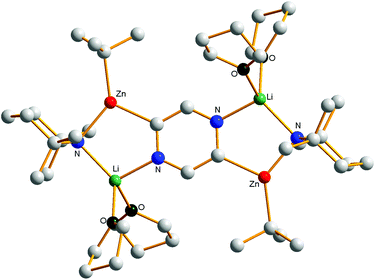 Molecular structure of the captured pyrazinyl dianion complex [2,5-{(THF)2LiZn(TMP)But}2(C4H2N2)].