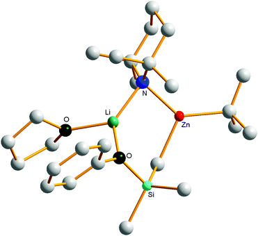 Molecular structure of the laterally zincated alkylsilane [(THF)Li(TMP)(PhSiOMe2CH2)Zn(But)].