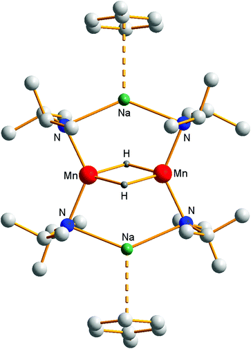 Molecular structure of the hydrido inverse crown [Na2Mn2(μ-H)2(NPri2)4]·2toluene.