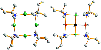 Empty [(LiTMP)4] and filled (inverse crown, [Li2Mn2(TMP)4O]) cyclotetrameric metal amides.