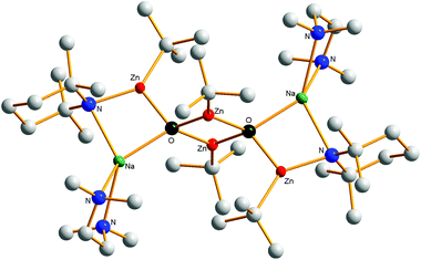 Molecular structure of the zinc-rich oxide containing complex [{(TMEDA)·Na(TMP)Zn(But)Zn(O)But}2].