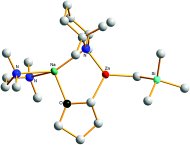 Molecular structure of the sedated THF α-anion complex [(TMEDA)Na(TMP)(C4H7O)Zn(CH2SiMe3)].