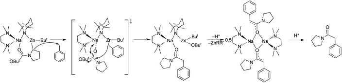 Proposed mechanism for the conversion of N-Boc pyrrolidine to benzoyl pyrrolidine via a sodium enolate.