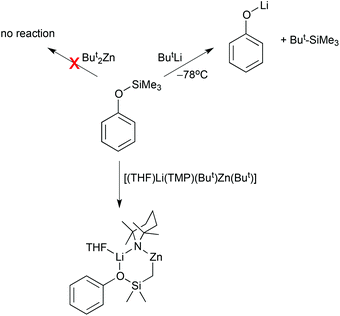 Contrasting reactions of trimethylphenoxysilane with different metallating agents.