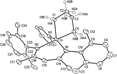 The molecular structure of (Me2Ph)2nacnacCr(CH2)4(py) (7); hydrogen atoms, except those on the alkyl chain have been removed for clarity. Selected interatomic distances [Å] and angles [°]: Cr–C1 2.076(5), Cr–C4 2.120(5), Cr–N1 2.048(4), Cr–N2 2.126(4), Cr–N3, 2.138(4), C1–Cr–C4 83.2(2), N1–Cr–N2, 88.99(16).