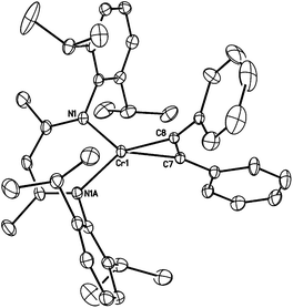 The molecular structure of (i-Pr2Ph)2nacnacCr(η2-C2Ph2) (8); hydrogens have been removed for clarity. Selected interatomic distances [Å] and angles [°]: Cr1–N1, 1.980(2); Cr1–C7, 1.944(4); Cr1–C8, 1.970(4); C7–C8, 1.307(5); N1–Cr1–N1A, 90.78(14); N1–Cr1–C7, 130.52(8); N1–Cr1–C8, 132.17(8).