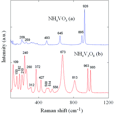 Raman spectra of (a) NH4VO3 and (b) NH4V3O8.