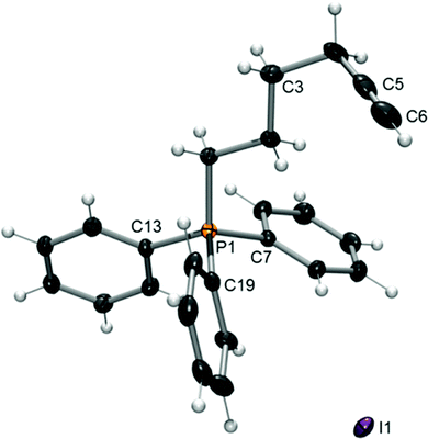 X-ray crystal structure of [Ph3P(CH2)4C2H]+ I– (the precursor to 3). Key structural parameters: C5–C6 1.118 Å; C4–C5–C6 177.51°.