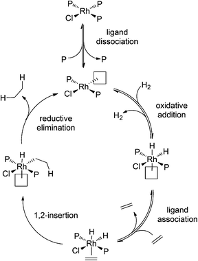 Mechanism of alkene hydrogenation using Wilkinson's catalyst, adapted from Halpern.45