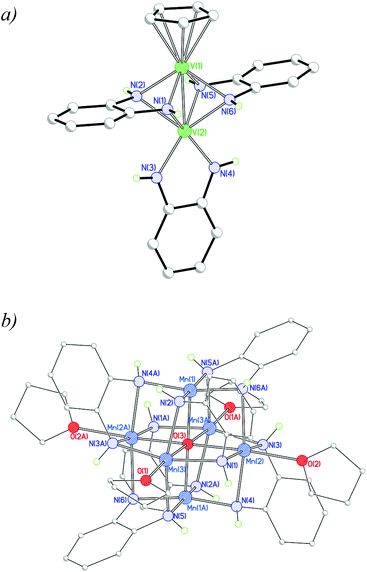 (a) Structure of the VIII [(η5-Cp)(L1111H2222)2VV(L1111H2222)]− anionic component of 1 and (b) the MnII4MnIII2 cage 2.
