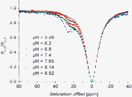 Z-spectra of a 50 mM aqueous solution (H2O–D2O 1 : 10) of the Yb(iii)–H3L3 complex (B0 = 7.05 T, T = 298 K, satpwr = 29 dB ∼1000 Hz, satdly = 2 s).