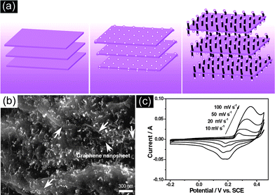 (a) Illustration of the formation of hybrid materials with CNTs grown in between graphene nanosheets, (b) SEM image and (c) CV curves at different scan rates of the resulting CNTs–graphene composite. Reprinted from ref. 60 with permission.