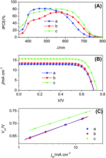 (A) Photocurrent action spectra. (B) j–V characteristics measured at an irradiation of 100 mW cm−2, AM1.5 sunlight. (C) Plots of open-circuit photovoltage as a function of short-circuit photocurrent density. Cells were made from 2.4 + 3.5 μm thick bilayer titania films coated with (a) C242 from THF, (b) C243 from THF and (c) C243 from the binary solvent of THF and MeCN, and were tested using a metal mask with an aperture area of 0.158 cm2. An antireflection film was adhered to the testing cell during measurements.