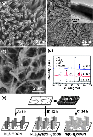 SEM images of the products obtained at different hydrothermal reaction times: (a) 6 h, (b) 12 h and (c) 24 h. Inset in (b): a magnified image of the Ni3S2@Ni(OH)2/3DGN structure. (d) The XRD patterns of the samples shown in (a–c). (e) Proposed mechanism for the growth of the Ni3S2@Ni(OH)2/3DGN structure.