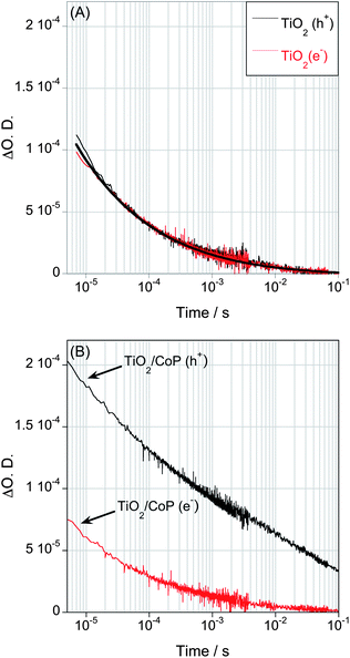 Transient absorption decays of photoelectrons and photoholes after band gap excitation of a bare TiO2 (A), and TiO2/CoP films (B) in water and under a N2 atmosphere. The excitation wavelength was 355 nm (350 μJ cm−2), the decay of photo-excited electrons was monitored at 900 nm, and the decay of photoholes was probed at 460 nm.