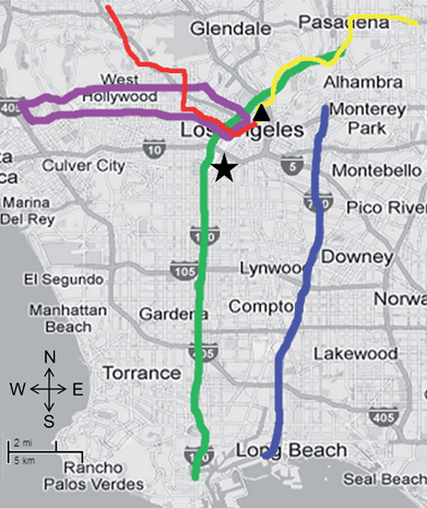 Map of five commute environments: 110 (green), 710 (blue), Wilshire/Sunset (purple), METRO red line (red), and METRO gold line (yellow). The USC reference site is denoted by the star, and the South Coast Air Quality Management District (SCAQMD) monitoring site is denoted by the triangle.