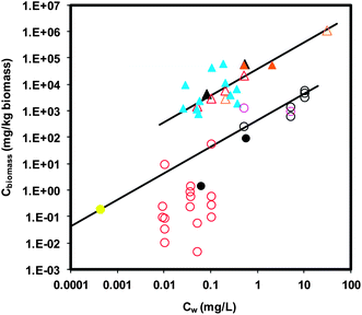 Aquatic organism–water distribution of ENMs. Cw indicates the aqueous concentration of ENMs. Cbiomass indicates body burden. Triangular and circular symbols represent daphnid (n = 21) and fish data (n = 27), respectively. Solid symbols represent measured data of Cw and dry weight Cbiomass. Open symbols represent data of nominal Cw (i.e., added concentration) and/or wet weight Cbiomass. Nanoparticles are represented by different colors: black for TiO2, pink for CeO2, red for Ag NP, yellow for Au NP, orange for C60, and blue for MWCNTs. Lines represent the linear relationship of Cwversus Cbiomass. The slopes for daphnid and fish are 38313 (95% confidence interval = 36852–39775; R2 = 0.99) and 430 (95% confidence interval = 364–496; R2 = 0.85) (L kg−1), respectively.