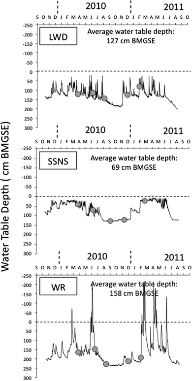Water table depth in centimeters below the mean ground surface elevation (cm BMGSE) at the Leary Weber Ditch (LWD), Scott Starling Nature Sanctuary (SSNS), and White River (WR) sites between October 2009 and August 2011. Solid black dots indicate the dates when water samples were collected for mercury analysis. The horizontal dotted line indicates the mean ground elevation at each site.