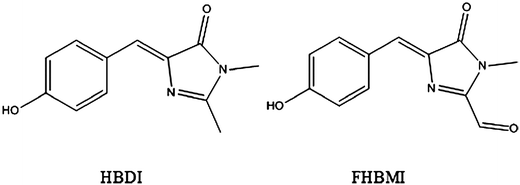 The chemical structures of HBDI and FBHMI in their neutral states. The anion states are deprotonated at the phenol OH.