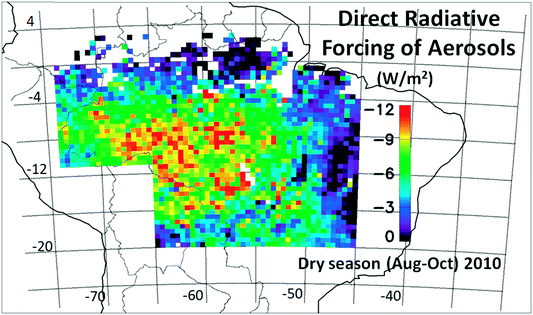 Average spatial distribution of the direct radiative forcing (DRF) of biomass burning aerosols in Amazonia during the dry season (August to October) of 2010. Forcing derived from calculations using a combination of MODIS and CERES sensors data. During this three-month period, the daily-average radiative forcing of aerosols for the whole area was on average −5.3 ± 0.1 W m−2.