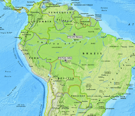 Map of Amazonia showing the locations of the two atmospheric sampling sites at Porto Velho (PVH), and Central Amazonia (TT34) (yellow markers).