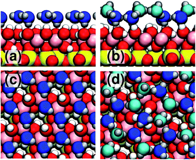 Diagram of ice-like structures at the kaolinite surface. In panel (a) we show a side view of the basal face of ice bound to kaolinite in the “H-down bilayer” configuration.47 All water molecules bind with similar heights from the surface. Panel (b) shows a side view of the prism face bound to kaolinite. In this structure, the water molecules come in high-lying (light blue) and low-lying (dark blue) pairs. Note that the prism face structure donates hydrogen bonds to the surface, as well as having ‘dangling’ hydrogen bonds pointing away from the surface (these dangling hydrogen bonds are absent in the basal face structure). Panels (c) and (d) show top views of the basal and prism face structures, respectively.