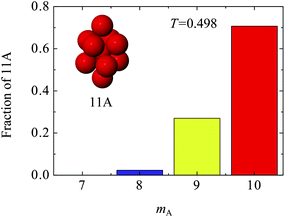 Composition of the 11A clusters at T = 0.498. Almost all 11A have a small B-particle at the centre. mA is the number of A-species in the shell of the cluster. The height of the bars show the relative proportions that each of the compositions occurs.