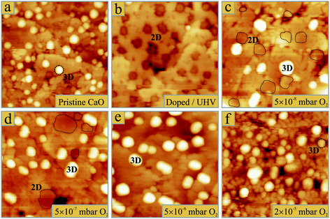 STM topographic images of 0.5 ML gold deposited on (a) 50 ML CaO without dopants in the surface region and on 25 ML thick, self-doped CaO films (b) in UHV and (c–f) in O2 pressures increasing from (c) 5 × 10−8 mbar, (d) 5 × 10−7 mbar, (e) 5 × 10−6 mbar to (f) 2 × 10−5 mbar. All images are 50 × 50 nm2 in size and have been obtained at 4.0 V sample bias. Note that 2D Au islands are imaged as depressions on the CaO due to their low conductivity.33 In (c,d), these islands are marked by dashed lines.