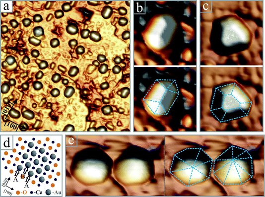 (a) Pseudo-3D representation of crystalline Au particles grown on a Mo-doped CaO film in 5 × 10−6 mbar O2 (50 × 50 nm2). Enlarged images of four particles with (b) roof-like, (c) truncated pyramidal (8 × 8 nm2) and (e) hexagonal and octahedral shapes (8 × 12 nm2). The particle edges are retraced with dashed lines. (d) Ball model showing the hcp-Au (112̄0)/CaO(001) interface that gets pseudomorphic upon slight distortion of the Au bulk lattice. The A and B planes of the hcp lattice are indicated with arrows.