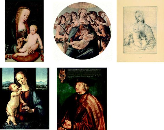 Works of art depicting pomegranate fruit, demonstrating the significance of this fruit in religion, culture, and society. First row, from left to right: “Maria, dem Kind einen Granatapfel reichend” by Hans Holbein the Elder, Boticelli's “Madonna of the Pomegranate” (1487), and Raphael's “Virgin and Child with Pomegranate”. Second row, from left to right: Lorenzo Di Credi's “Madonna and Child with a Pomegranate (Dreyfus Madonna)”, and Albrecht Duerer's “Maximilian I of Habsburg”.