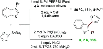 The reaction of 3-bromobenzothiophene with 2-furyltributyltin.