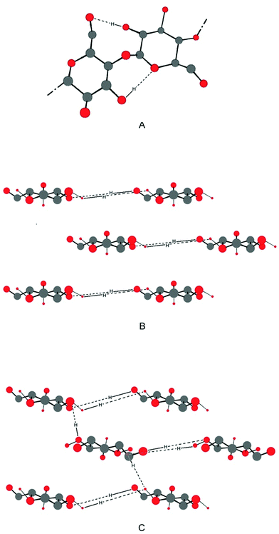 (A) Cellobiose, the repeating unit in crystalline cellulose I, with intramolecular hydrogen bonds shown. Axial cross sections of 3 sheets of (B) cellulose I and (C) cellulose II, with intermolecular hydrogen bonds shown. Cellulose strands are represented by cellobiose units and hydrogen atoms have been omitted for clarity unless involved in hydrogen-bonds.