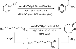 Catalytic synthesis of pyrazinecarboxamide and ε-caprolactam in water using Au NPs supported on TiO2.