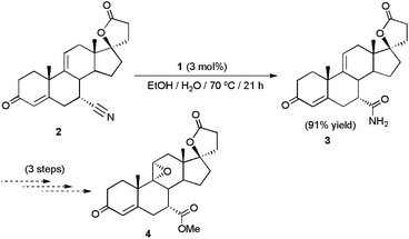 Pt-catalyzed hydration of 7α-cyano-9(11)Δ-canrenone 2.