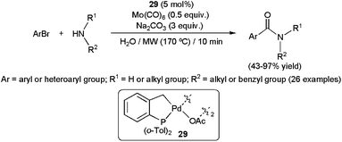 The first examples of aminocarbonylations of aryl halides in water.
